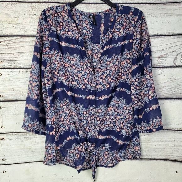 Maurices Women's Blouse Large Navy Floral Striped Tie Front Sheer 3/4 Sleeve Top - Picture 1 of 9